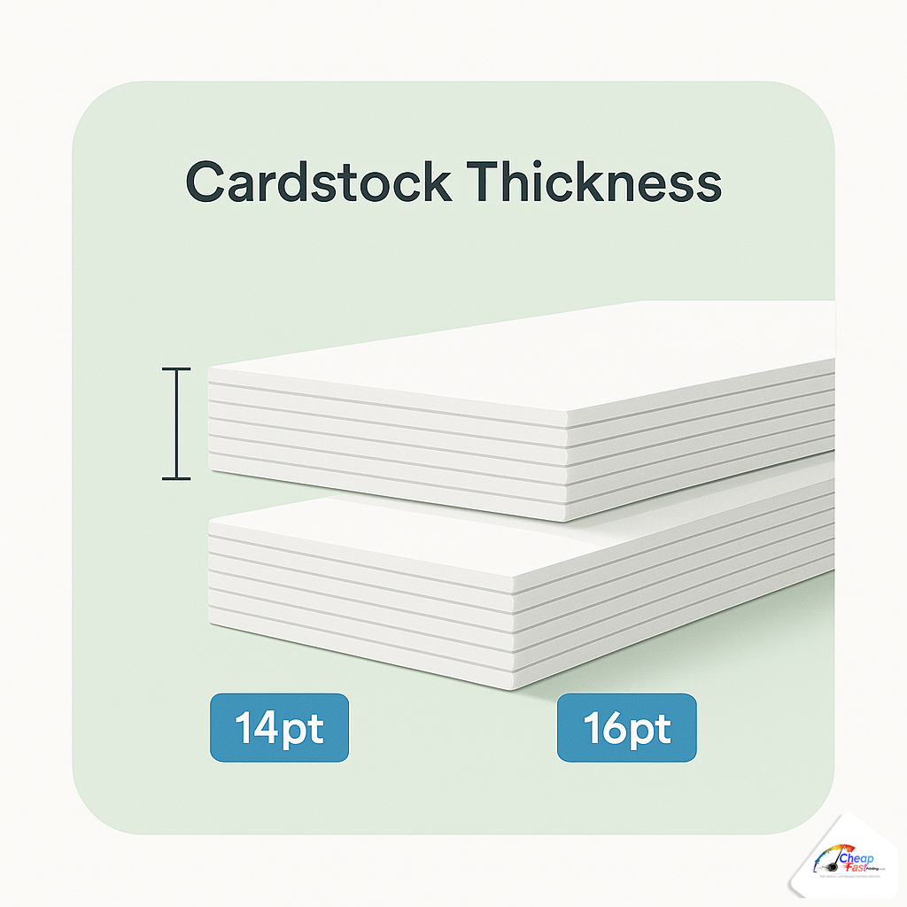 Calipers-style visual comparing 14pt and 16pt business card thickness