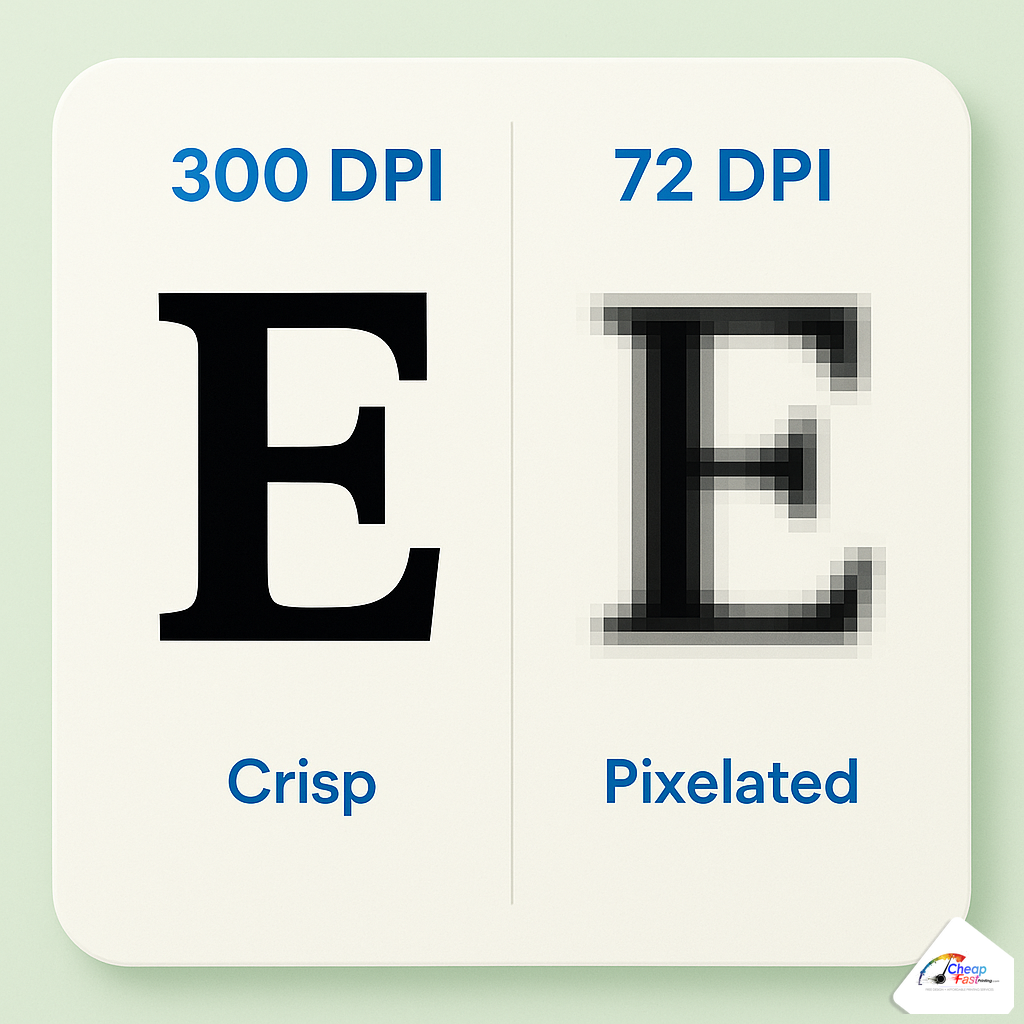 Macro comparison of sharp 300 DPI type versus soft 72 DPI type at the same print size