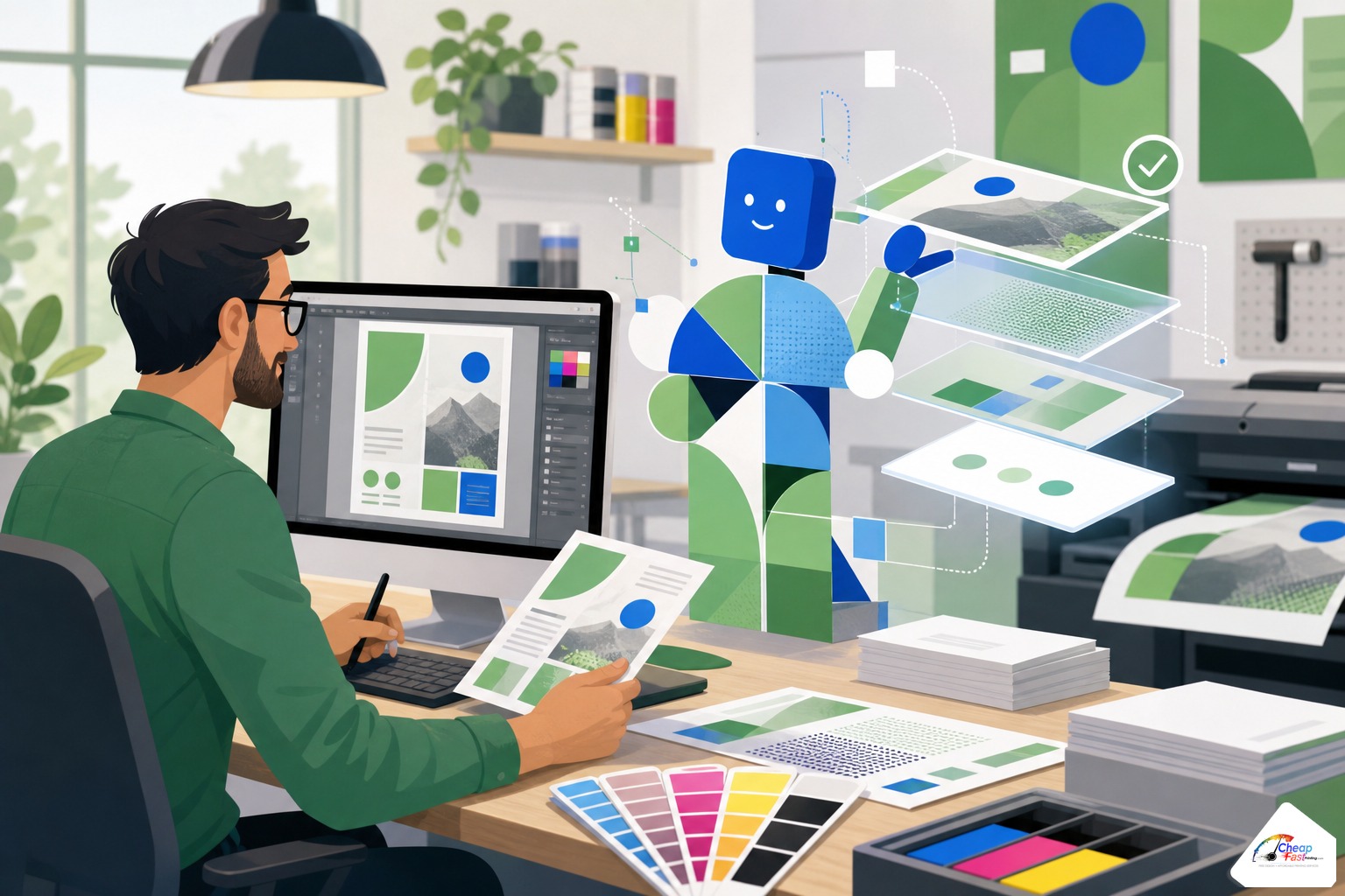 Human designer and AI-assisted layout tools collaborating on a print flyer with CMYK swatches and layer structure visible
