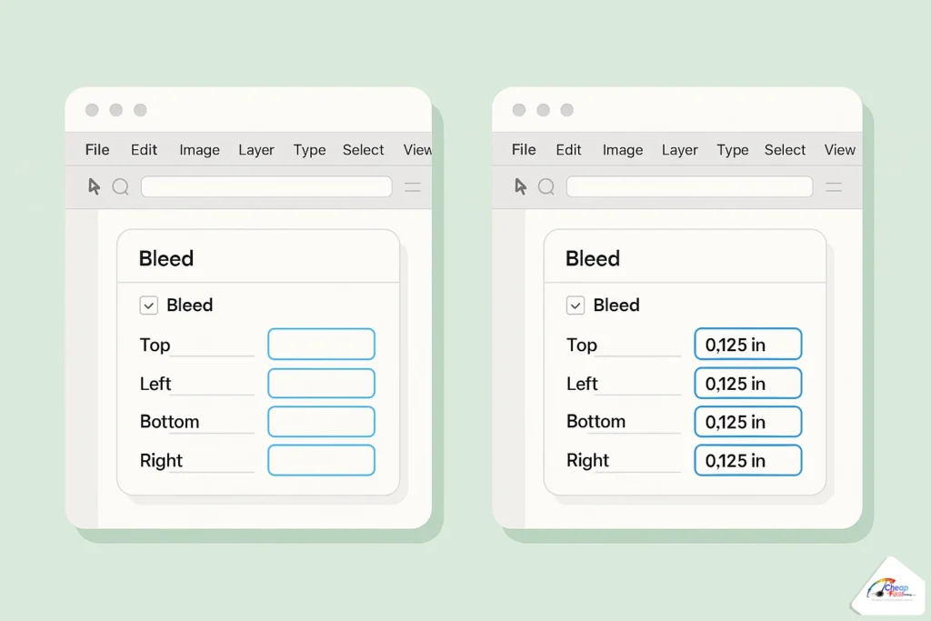 Canva and Illustrator bleed setup screens for print files