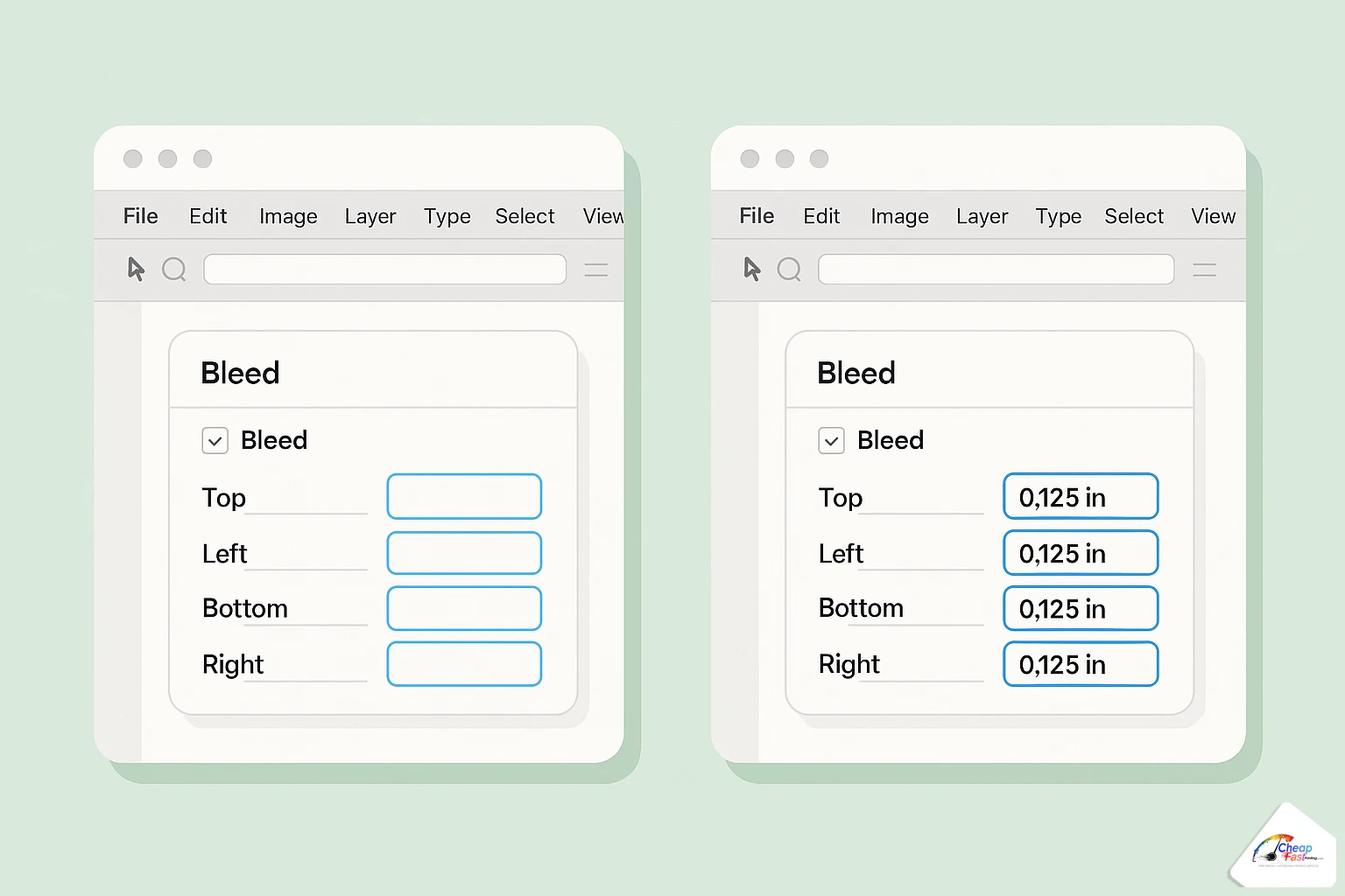 Design software screens showing bleed margin fields for print export