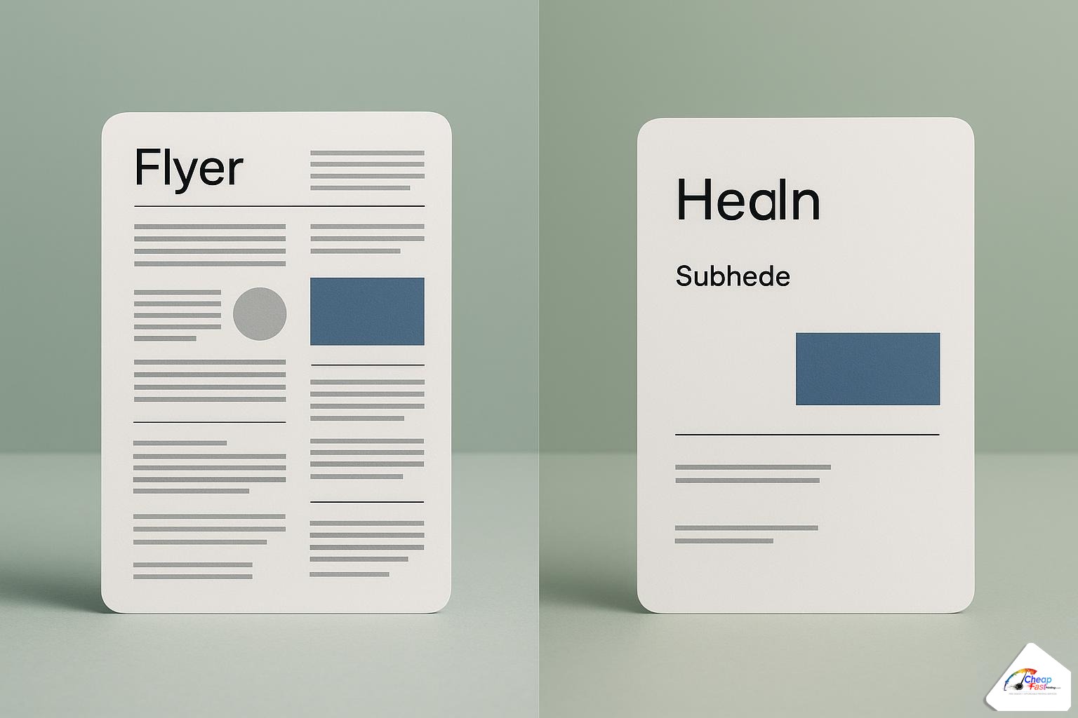 Before and after flyer mockups showing cluttered layout versus clean design with strong white space
