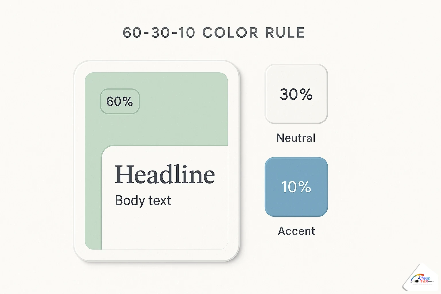 Flyer layout example illustrating 60-30-10 color proportions and headline versus body font pairing on a sample frame