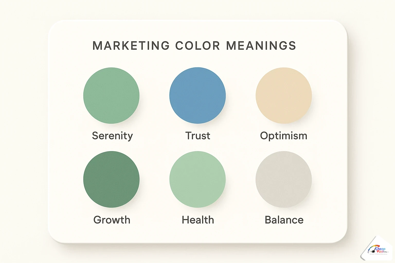 Marketing color psychology palette board with rounded swatches and mood labels for print flyers