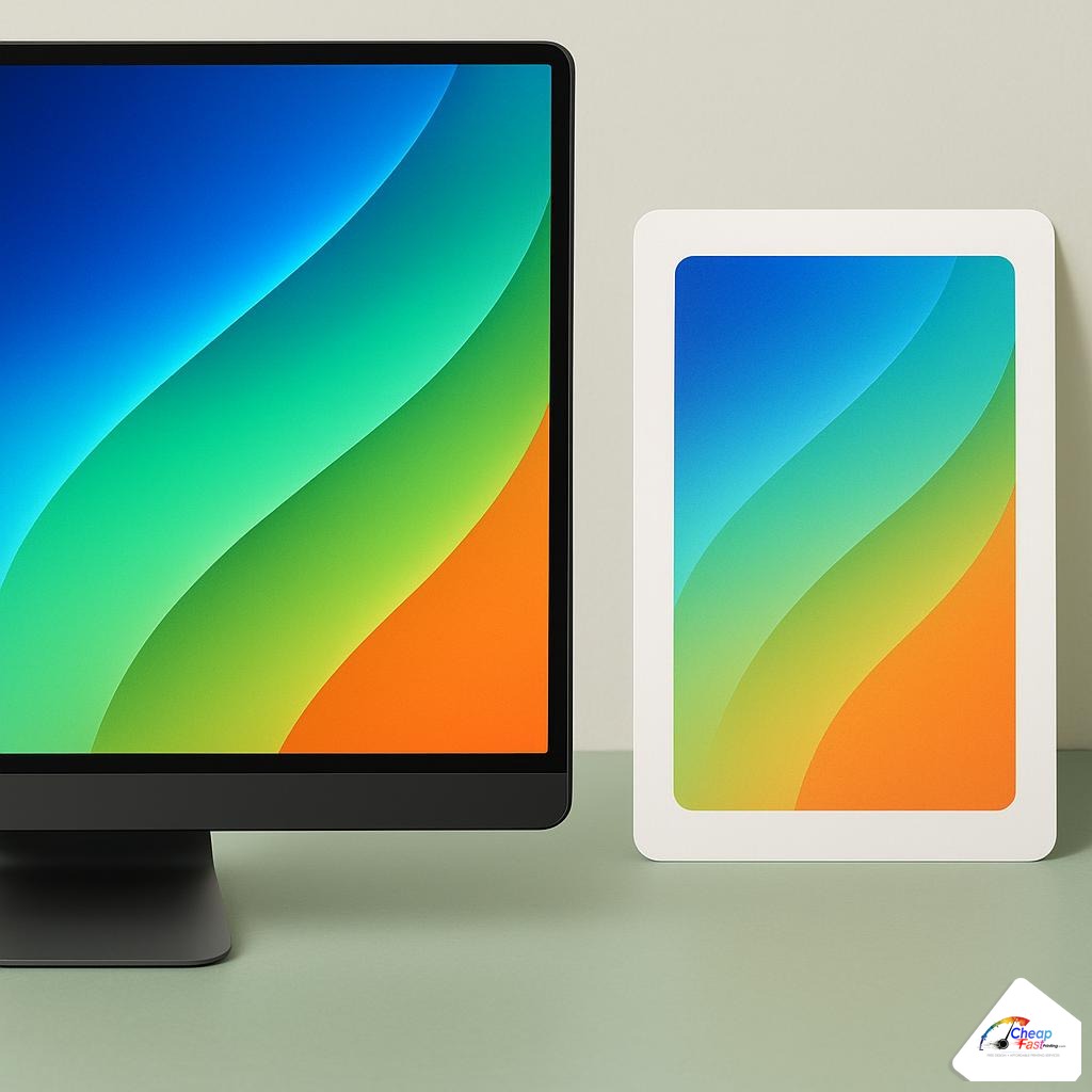 Same design on screen versus printed paper showing subtle color shift