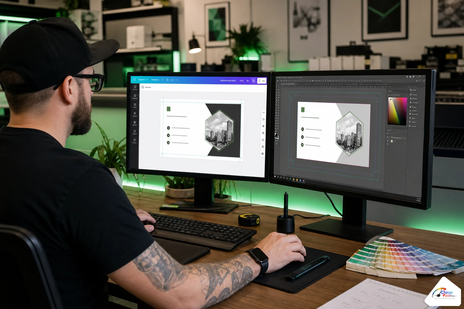 Prepress designer at dual monitors correcting a customer business card file for CMYK bleed and safe margins