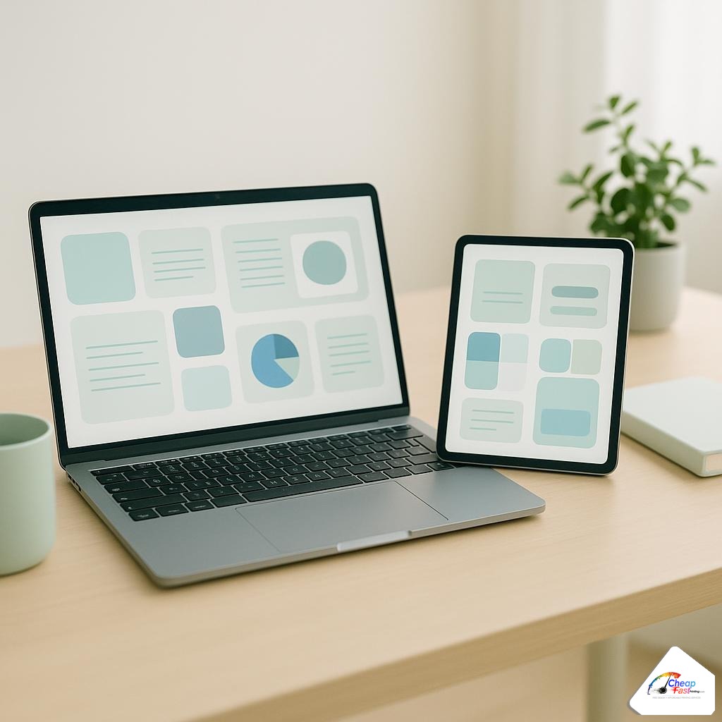 Laptop and tablet on a tidy desk showing generic design canvases for comparing free design tools side by side