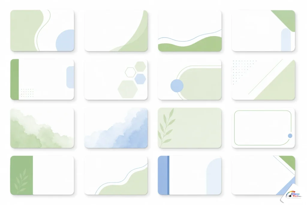 Grid of editable blank business card templates in modern layouts with rounded corners and soft shadows