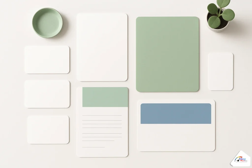 Starter print kit flat-lay with business cards, flyers, and postcards on a bright desk, order first and pay after proof approval