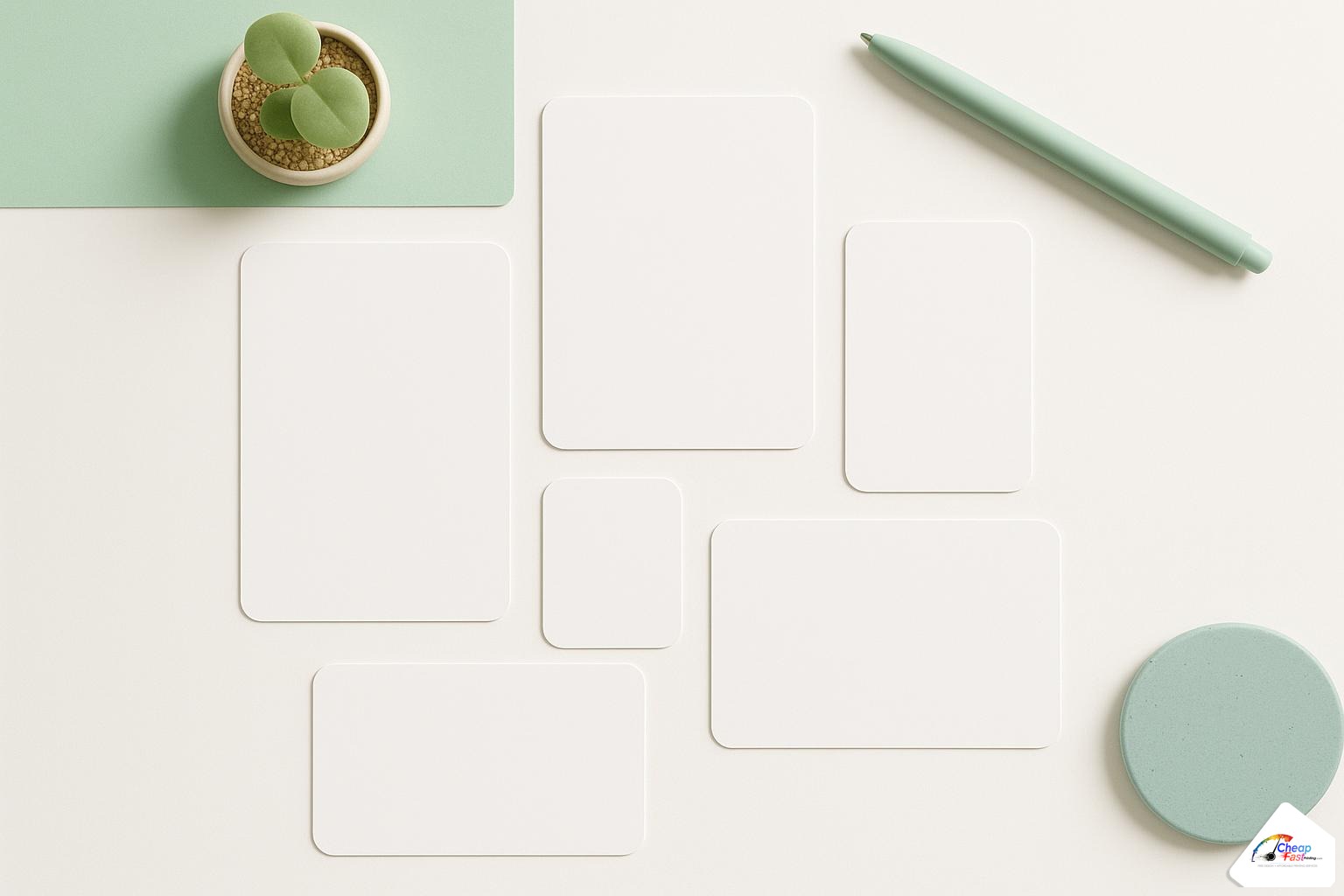 Flat lay of blank flyer blanks from 4x6 through letter size for side-by-side scale