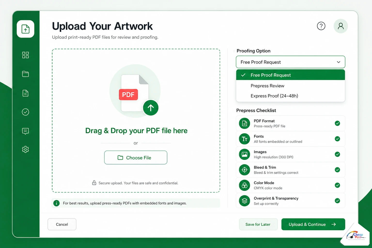 File uploader screen showing drag-and-drop upload and free proof request option