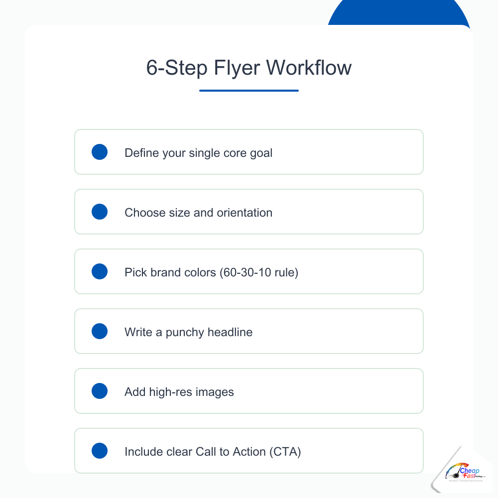 Seven-step flyer design workflow infographic from goal definition through print export with numbered connected cards