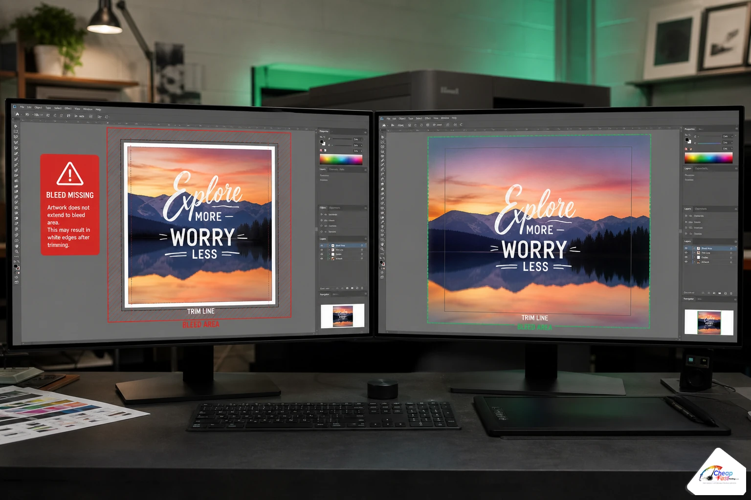 Prepress monitor showing bleed extension and CMYK swatch correction on a customer flyer file before proof approval