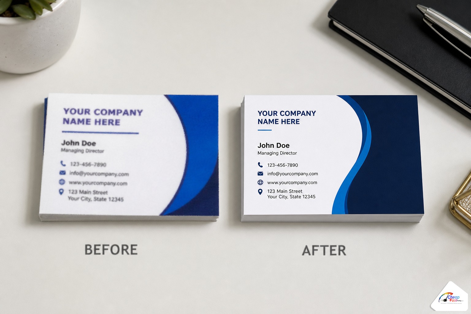 Before and after business card samples showing amateur upload versus professional complimentary redesign on the same brand
