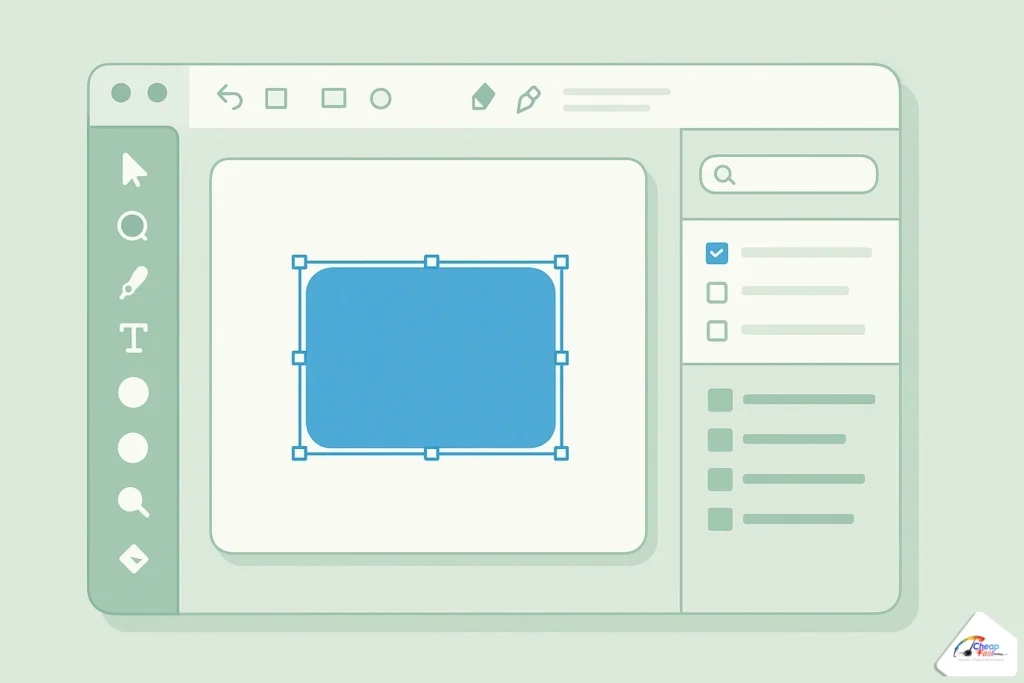 Stylized neutral design software workspace with canvas toolbars and layer panels for print layout work