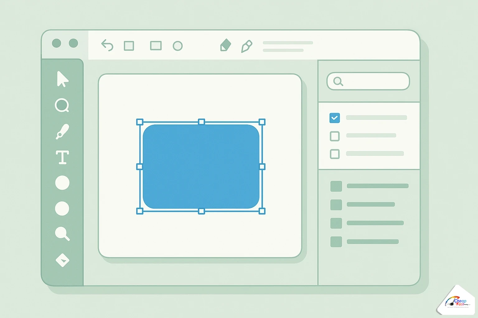 Stylized neutral design software workspace with canvas toolbars and layer panels for print layout work