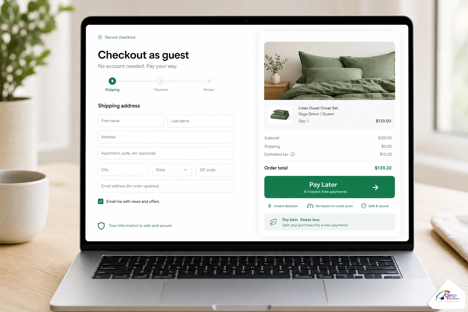 Guest checkout on laptop with shipping fields and a prominent Pay Later button, no login required