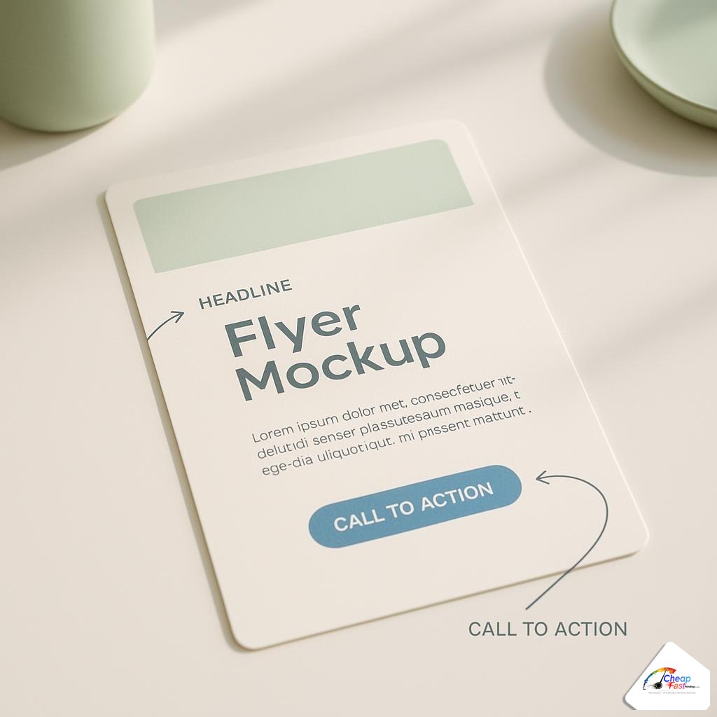 Printed flyer mockup on a desk with annotation arrows highlighting headline zone and call-to-action placement areas