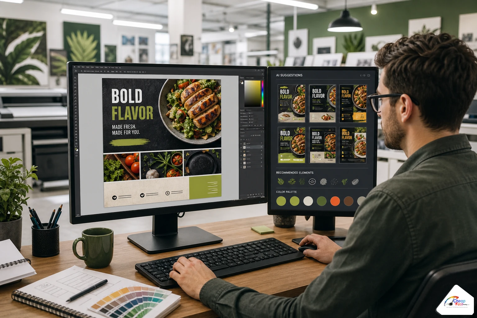 Designer building a restaurant flyer from scratch with AI-assisted layout suggestions on a secondary screen