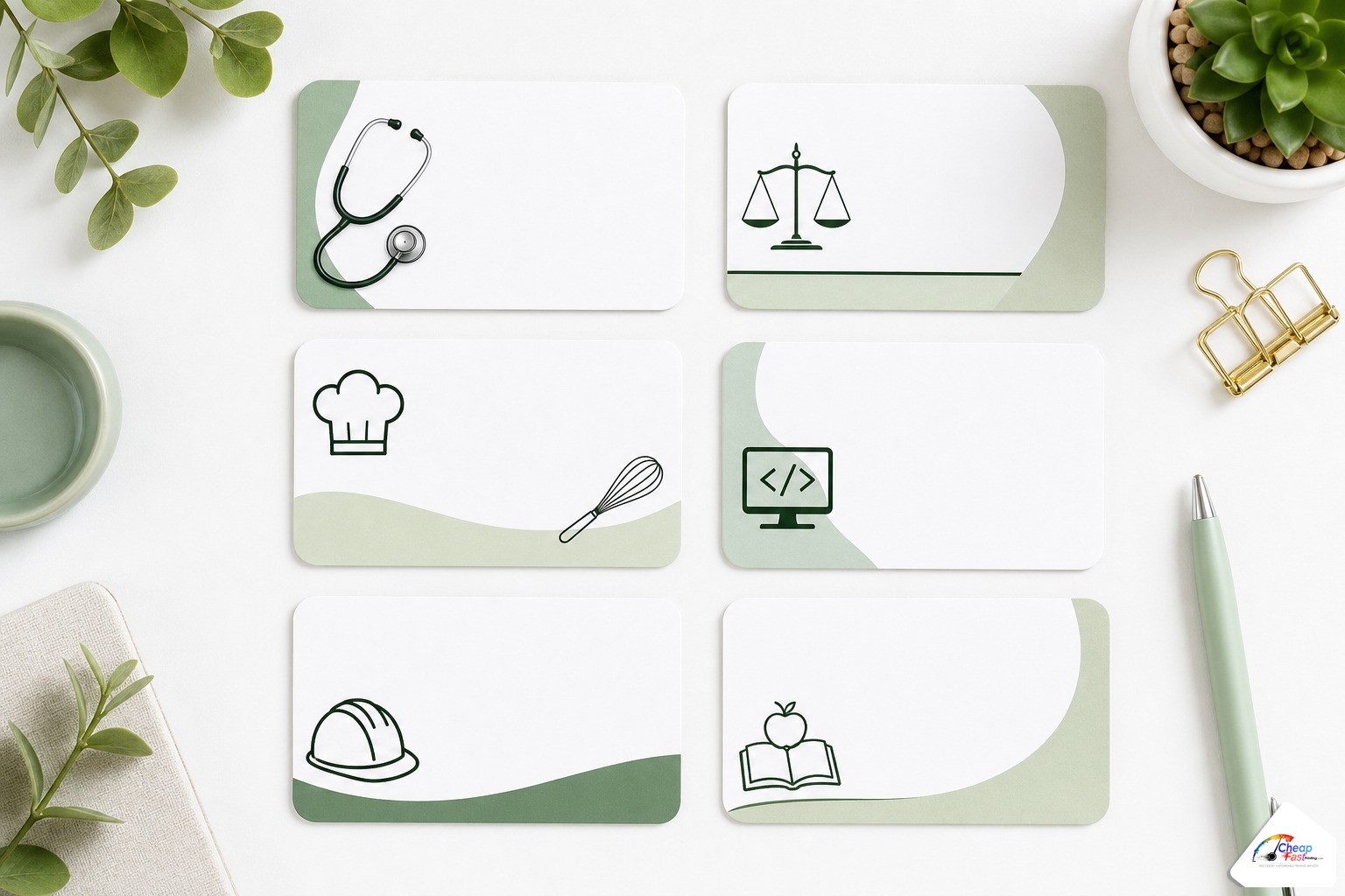 Flat-lay of blank business card layouts themed for different professions on a clean white surface