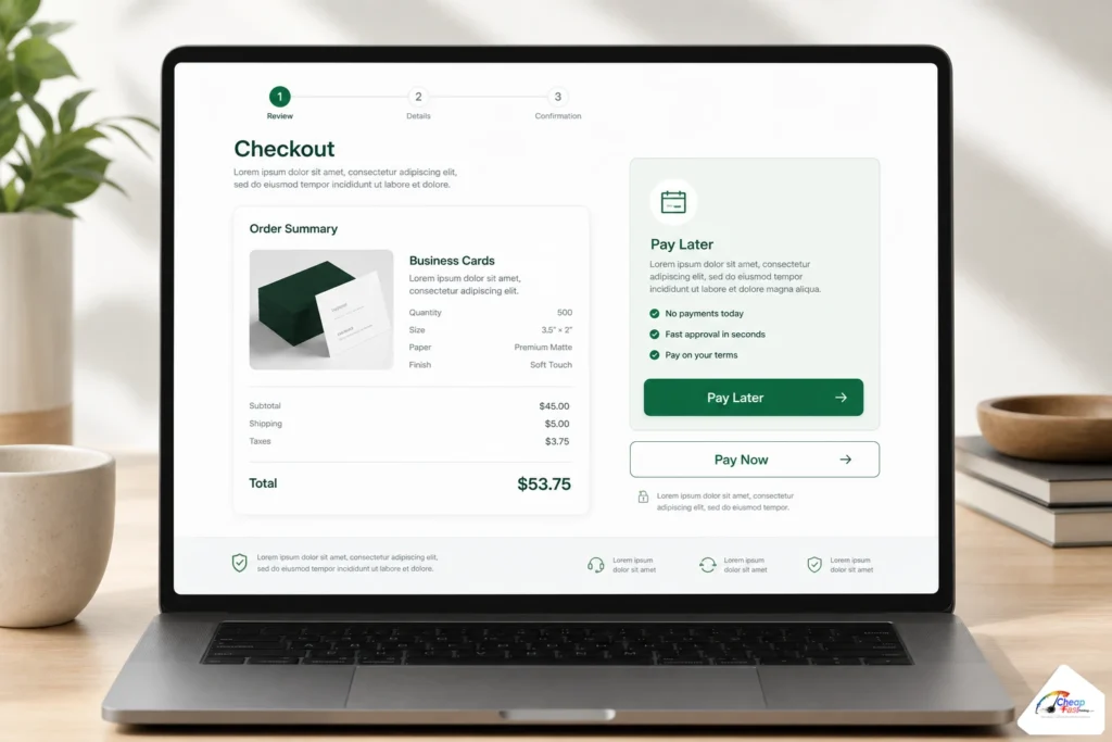 Checkout screen showing Pay Later and Pay Now side by side with no credit card form visible on the Pay Later path
