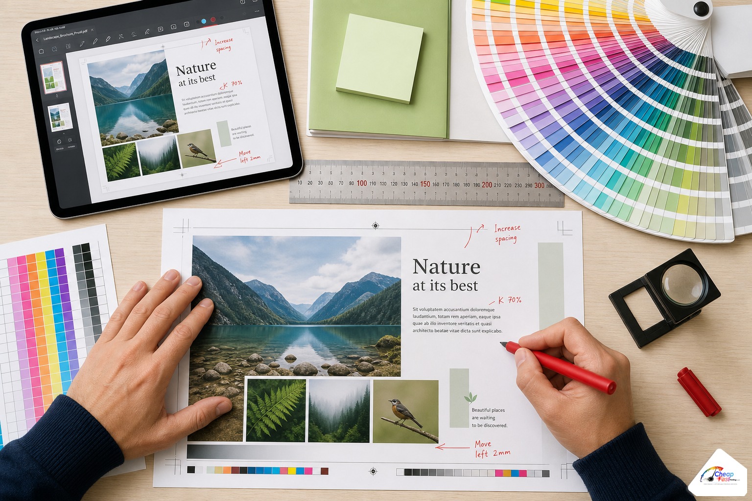 Print shop desk with proof PDF on tablet showing corrected artwork, CMYK swatch book and trim ruler beside a monitor with prepress fixes in progress