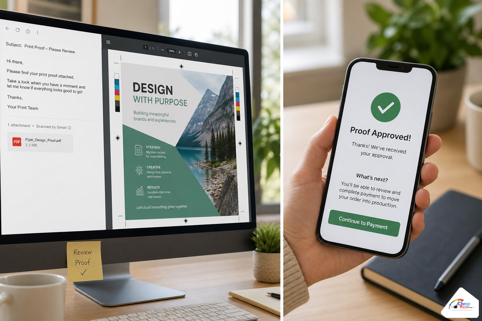 Email proof PDF with trim marks on a flyer layout beside a phone showing an approval message before payment