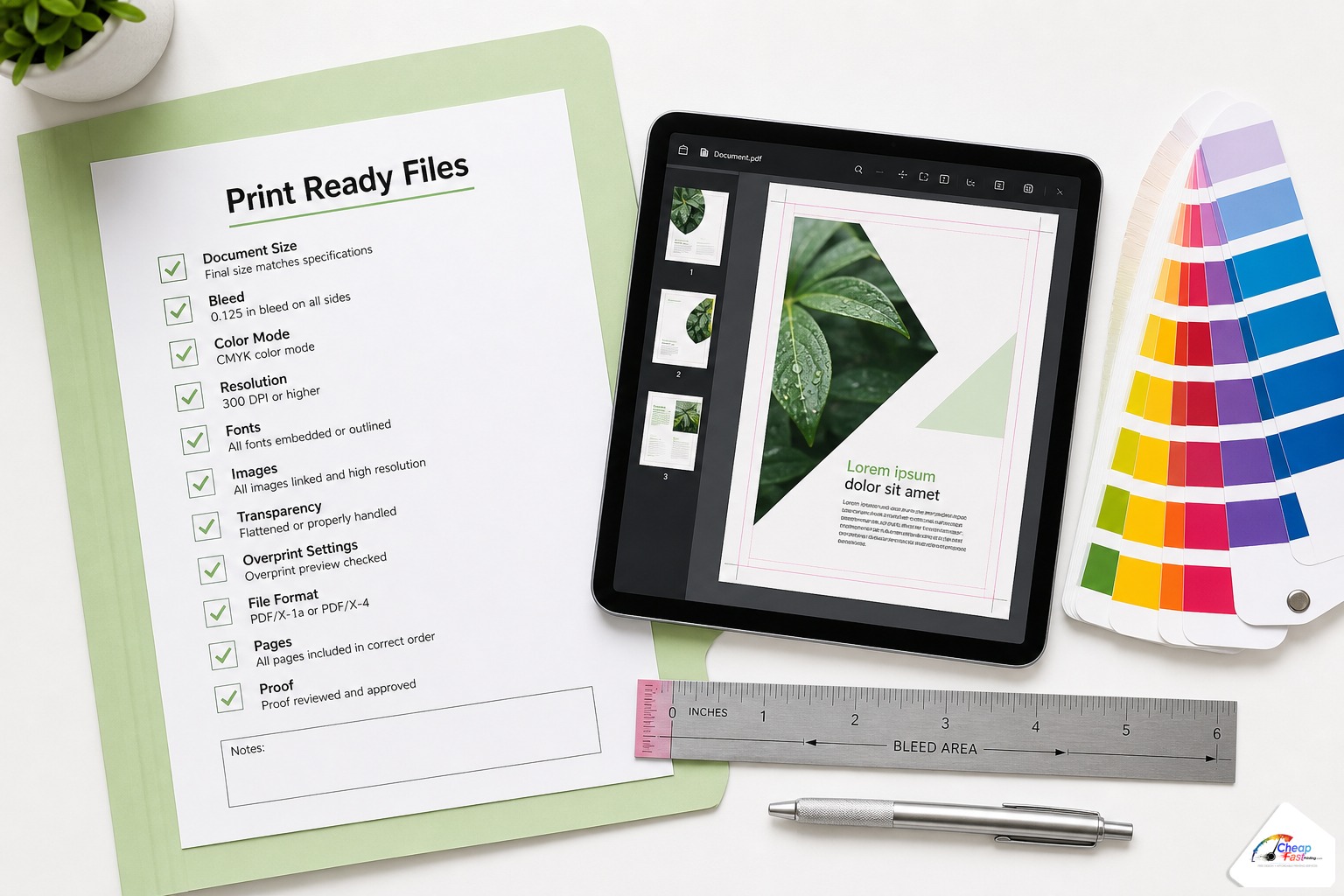 Desk scene with printed checklist clipboard laptop and color swatches for preparing print files