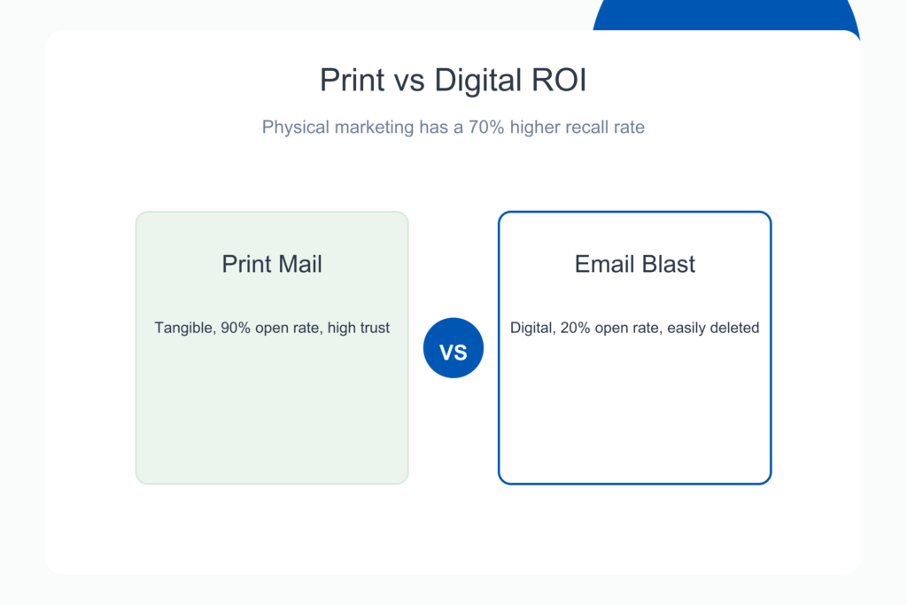 Print versus digital marketing ROI comparison chart by channel and metric