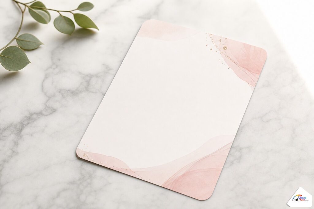 Sharp full-color salon promotion flyer on a styled desk, crisp photo detail and clean trim at arm's length viewing distance