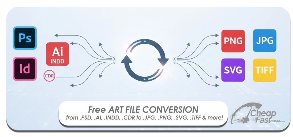 Complimentary file conversion from Photoshop, Illustrator, InDesign, CorelDraw and more to JPG, PNG, EPS, SVG, TIFF
