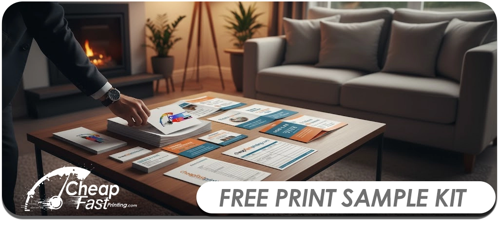 Complimentary Print Sample Kit Package with sample business cards, postcards, brochures and more from CheapFastPrinting.com