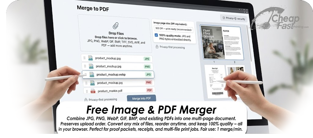 Free files to PDF merger by CheapFastPrinting — combine JPG, PNG, WebP and PDF files into one print-quality document