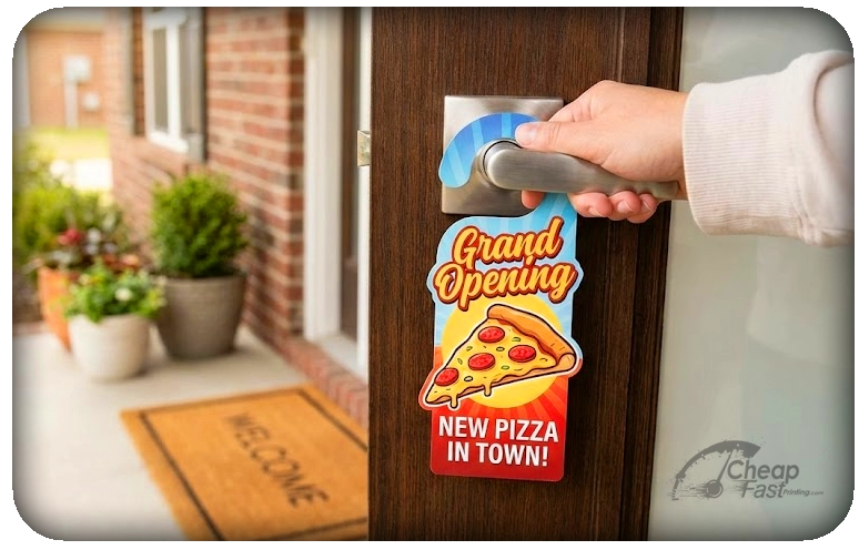 Local marketing campaign using printed hangers on a residential entry