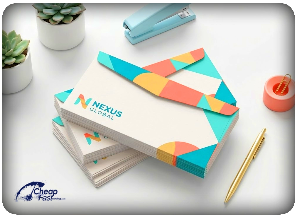Stack of custom branded stationery #10 size with full bleed logo design