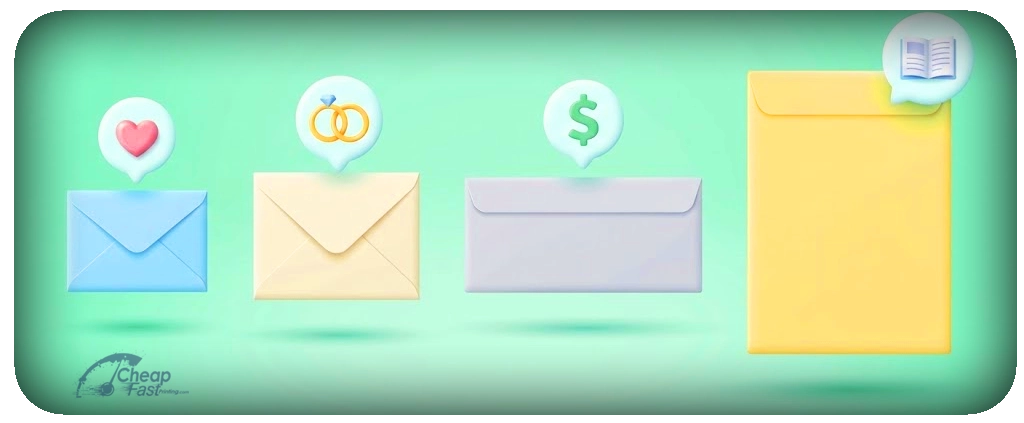 Technical dimensions of standard envelope options including #10, A7, and 9x12