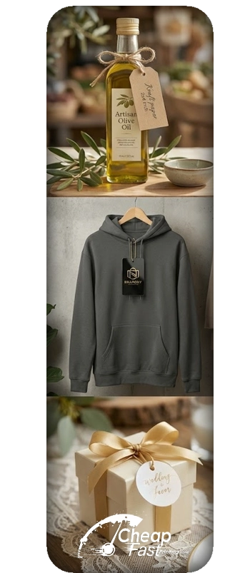 Product tag examples for food packaging, fashion retail, and wedding favors
