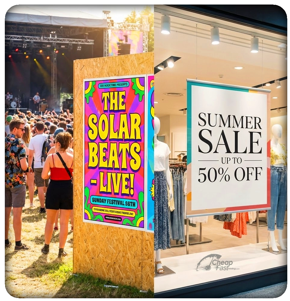Collage showing prints at a music festival and in a retail store window