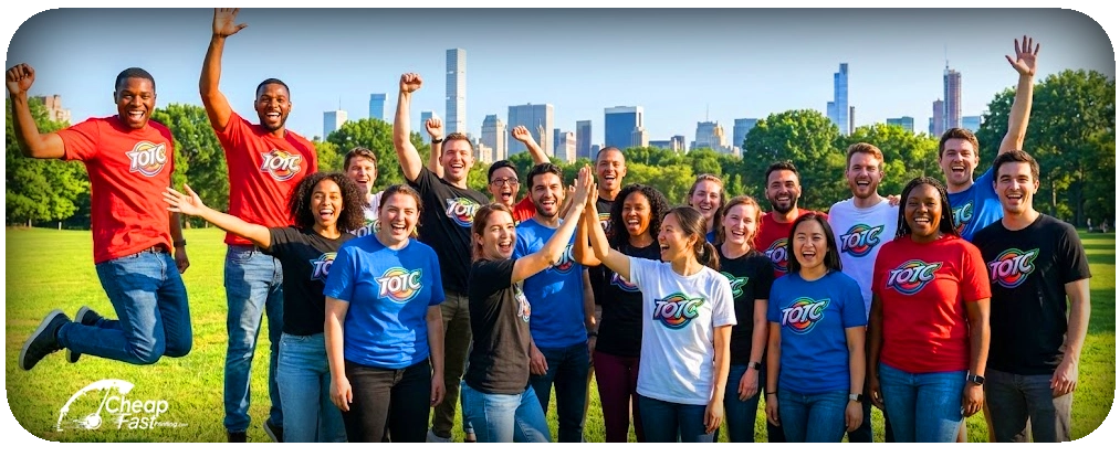 Diverse group wearing personalized printed apparel for corporate events