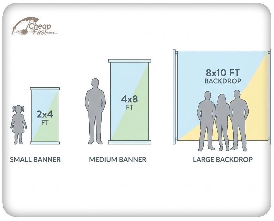 Size comparison chart showing large-format signs relative to human height