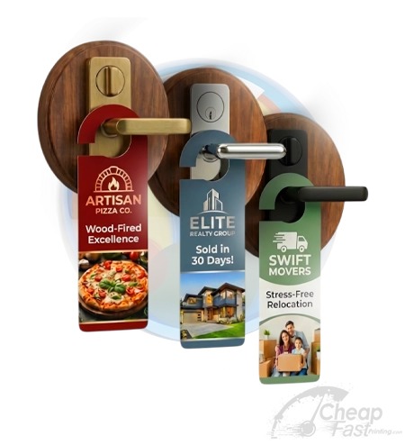 Door hangers hanging on a residential knob